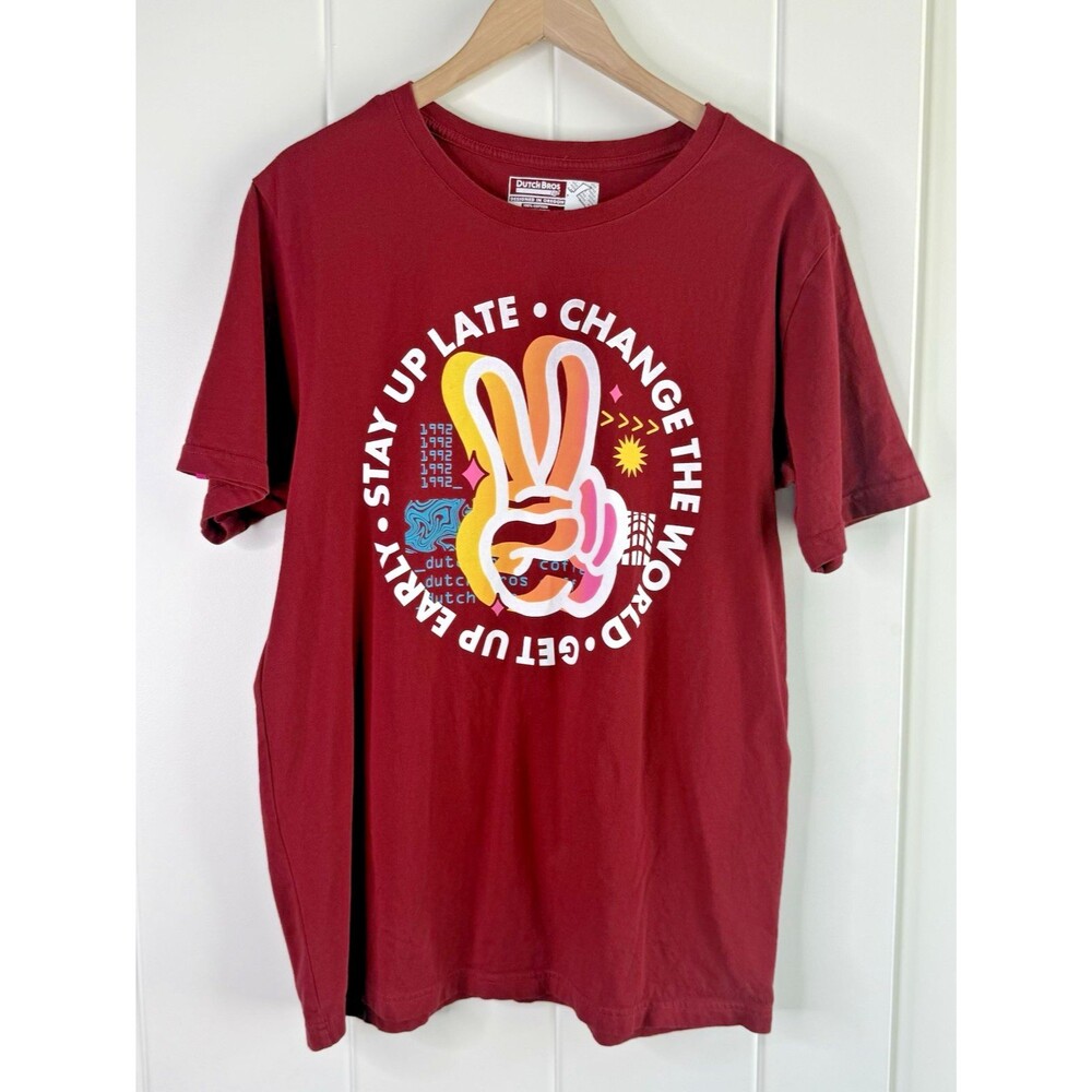 Dutch Bros Coffee T-Shirt Large Stay Up Late Change The World Maroon